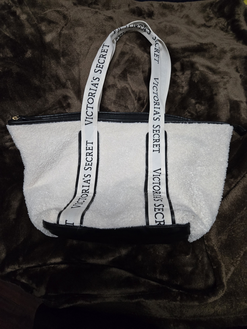 Victoria's Secret White Sherpa Tote Bag with Branded Straps